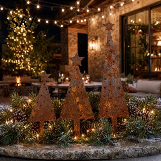 Metal Garden Ornaments 3 Pcs Christmas Tree Ornament Set, Star-Topped Yard Decorations, Rustproof Comfortable Accents Lightweight Holiday Decor