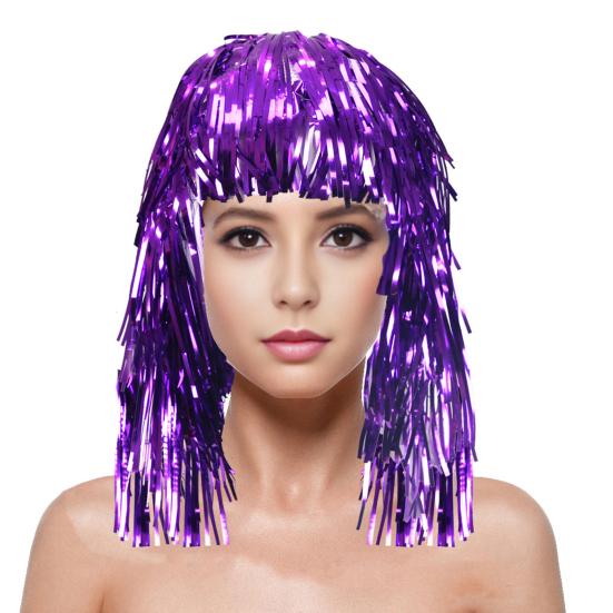 Foil Tinsel Wigs for Adults Fancy Dress Party Shiny Tinsel Wig Metallic Masquerade Disco Hat for Photo Booth Prop Cosplay Supplies