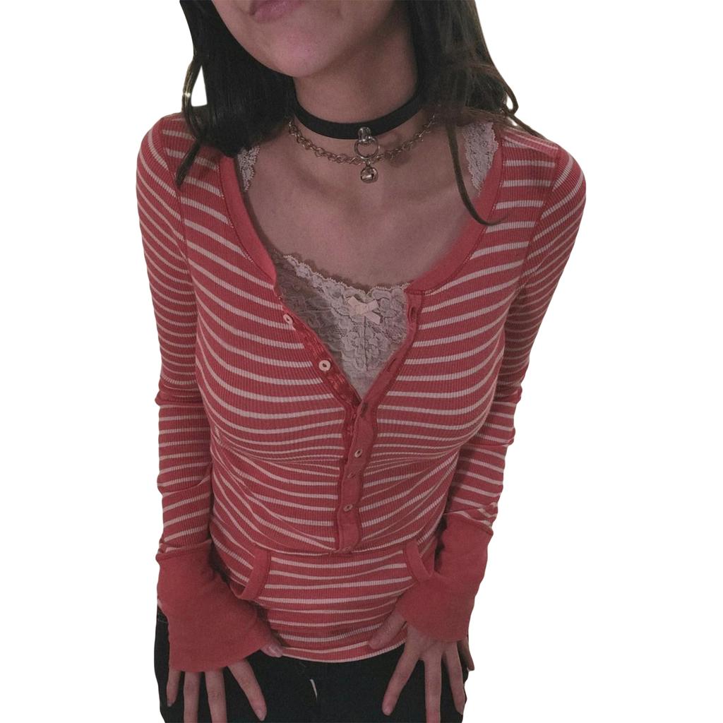 Women Long Sleeve Knit Tops Casual Striped 3/4 Button Pullover Shirt with Pockets for Club Streetwear