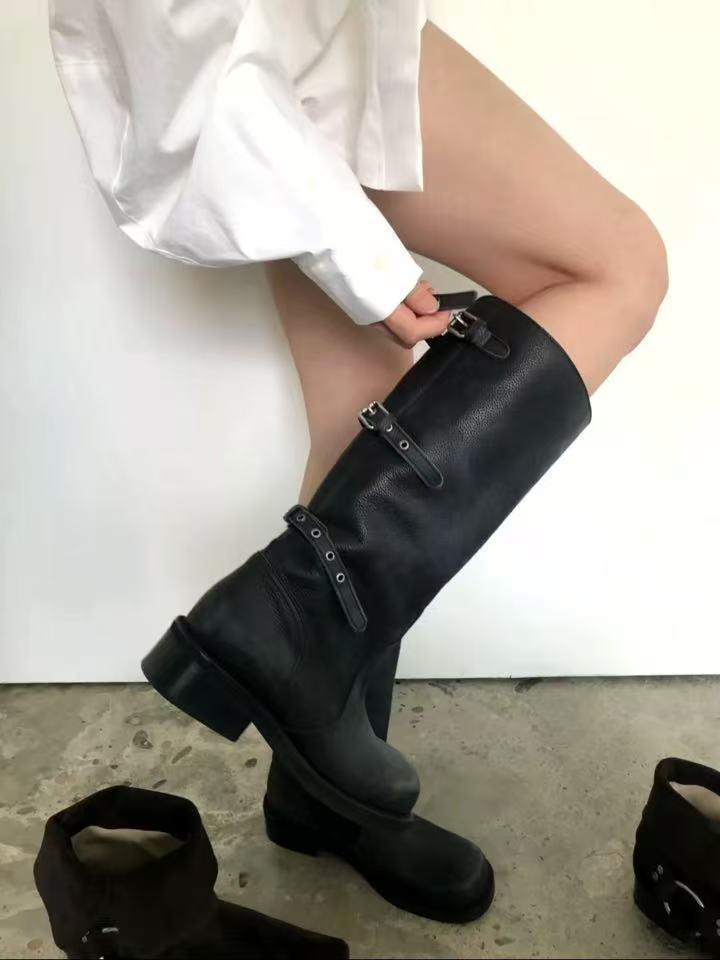 Cowhide Version~ Korean Version Thick Heel Pleated High Boots Women's 25 New Folded Three-wear Outdoor Locomotive Knight Boots Long Boots