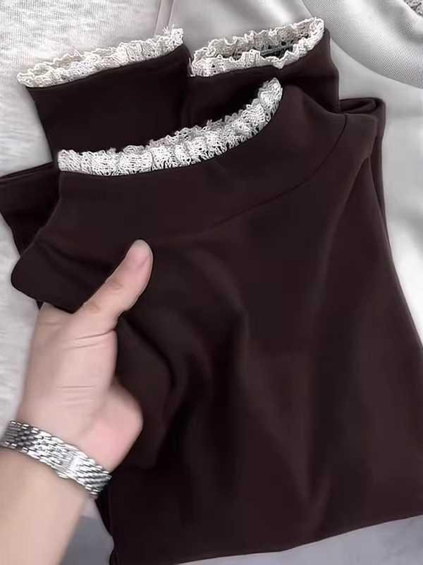 

Women s French Lace Trim Plush Long-Sleeve T-shirt: Stylish, Slimming Base Layer for Autumn/Winter Double Extra Large