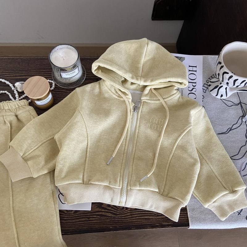 Girls' Spring/Fall Casual Set: Hooded Cardigan Jacket + Solid-Color Wide-Leg Pants Two-Piece Set
