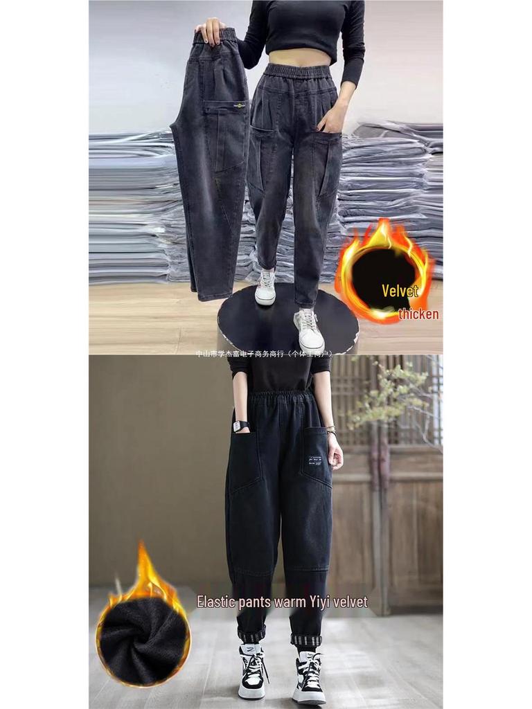 Women's High Waist Elastic Jeans: 2024 Autumn/Winter Retro Embroidered Harem Cropped Pants