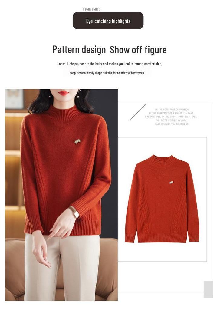 2024 Autumn/Winter Women's 100% Wool Loose Half-High Neck Knit Sweater