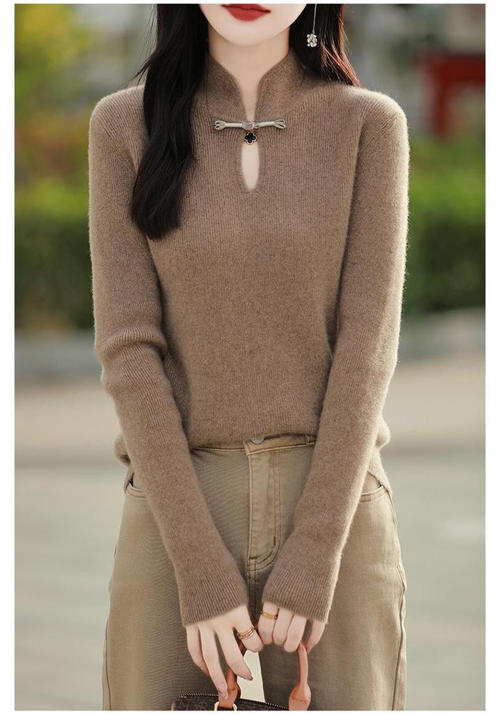 Women's Retro Chinese Style Pure Wool Button-Up Sweater - Slim-Fit Knitwear for Autumn/Winter