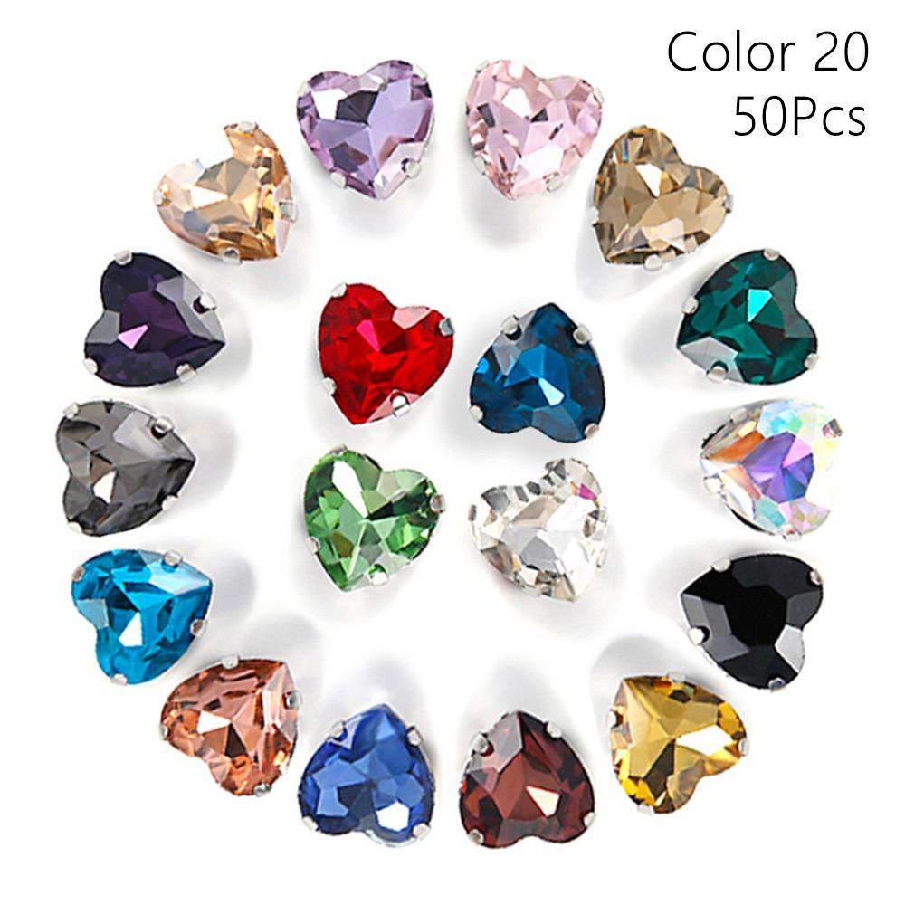 50Pcs/Pack Heart Shape Glitter Sewing Rhinestones Sew On With Silver Claw Glass Crystal Stones 8mm Diamond Beads Ornament