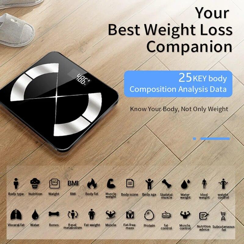 Váha tělesného tuku Chytrá bezdrátová digitální váha do koupelny Analyzátor složení těla s aplikací pro chytré telefony kompatibilní s Bluetooth