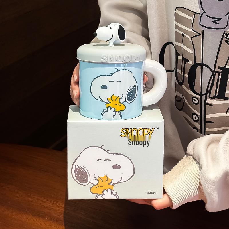 Snoopy Ceramic Mug with Lid - Cute Cartoon Gift for Students, Kids, and Girls 360ml синий