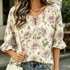 Vintage Purple Poppy Print Blouse Ruffle Half Sleeve Tie Neck Casual Loose Summer Top for Women