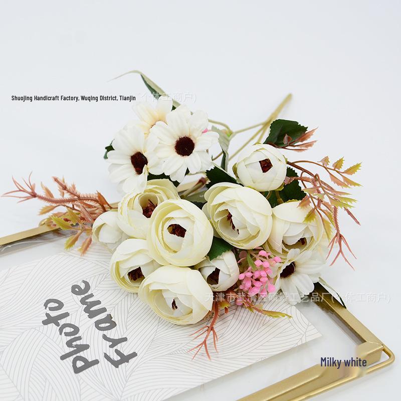 Autumn Colored 9-Head Artificial Tea Rose Bouquet for Wedding & Table Decoration
