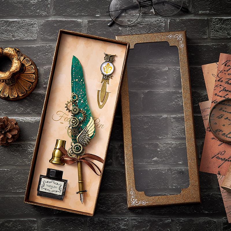 Vintage Mechanical Feather Dip Pen Set,Ink-Containing,Penholder,Bookmark,Art Calligraphy Signature Pen Holiday Gift Giftboxed