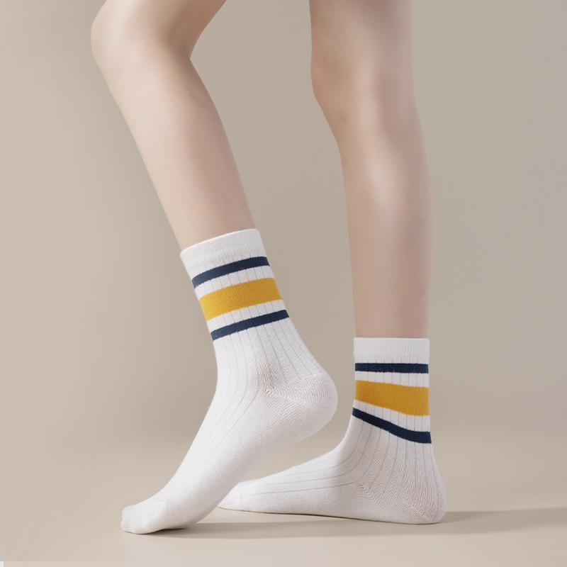 4 Pairs Kids Striped Mid Calf Socks Spring Autumn Versatile School Comfortable Cotton Childrens Hosiery