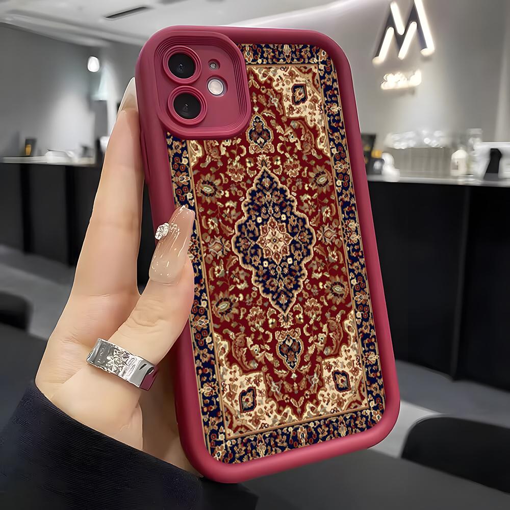 Arabic Carpet Pattern Phone Case For IPhone Air 17 Pro Max 16 E 15 14 Pro Max 13 12 11 Mini Plus Soft Silicone Wine Red Cover