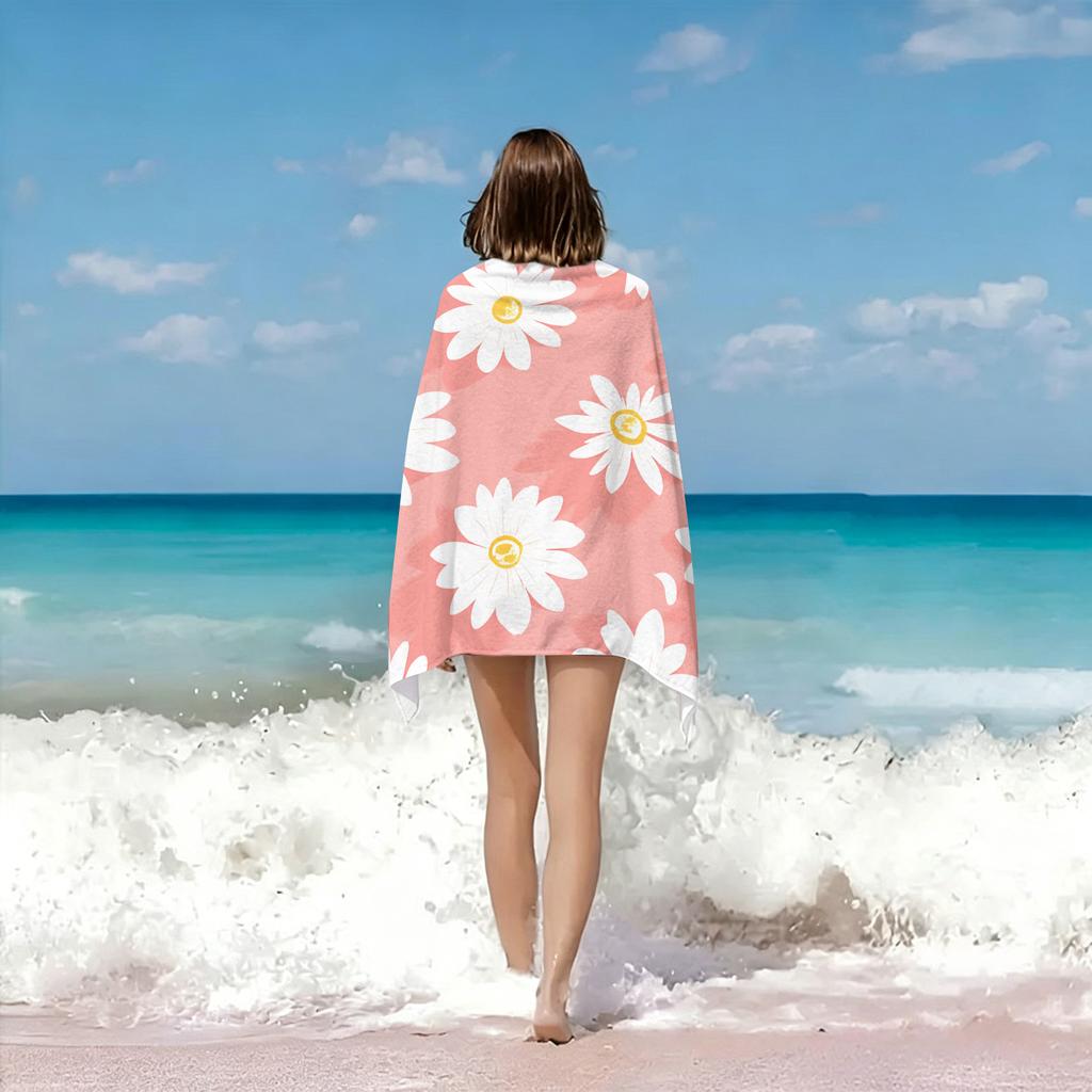 1-Piece Daisy Beach Towel-Soft microfiber, quick-drying, attractive white Daisy pattern in pink for travel, pool, yoga and ca