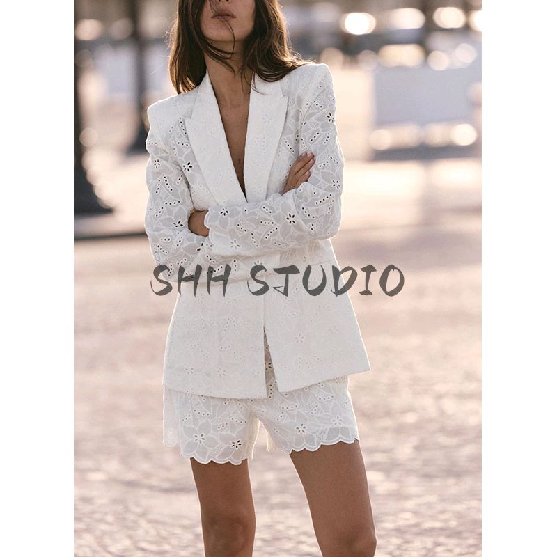 Spring and Summer New Arrival Cut Out Embroider Long Sleeves V-neck Suit Outwear 2684519 Casual Shorts 2681519