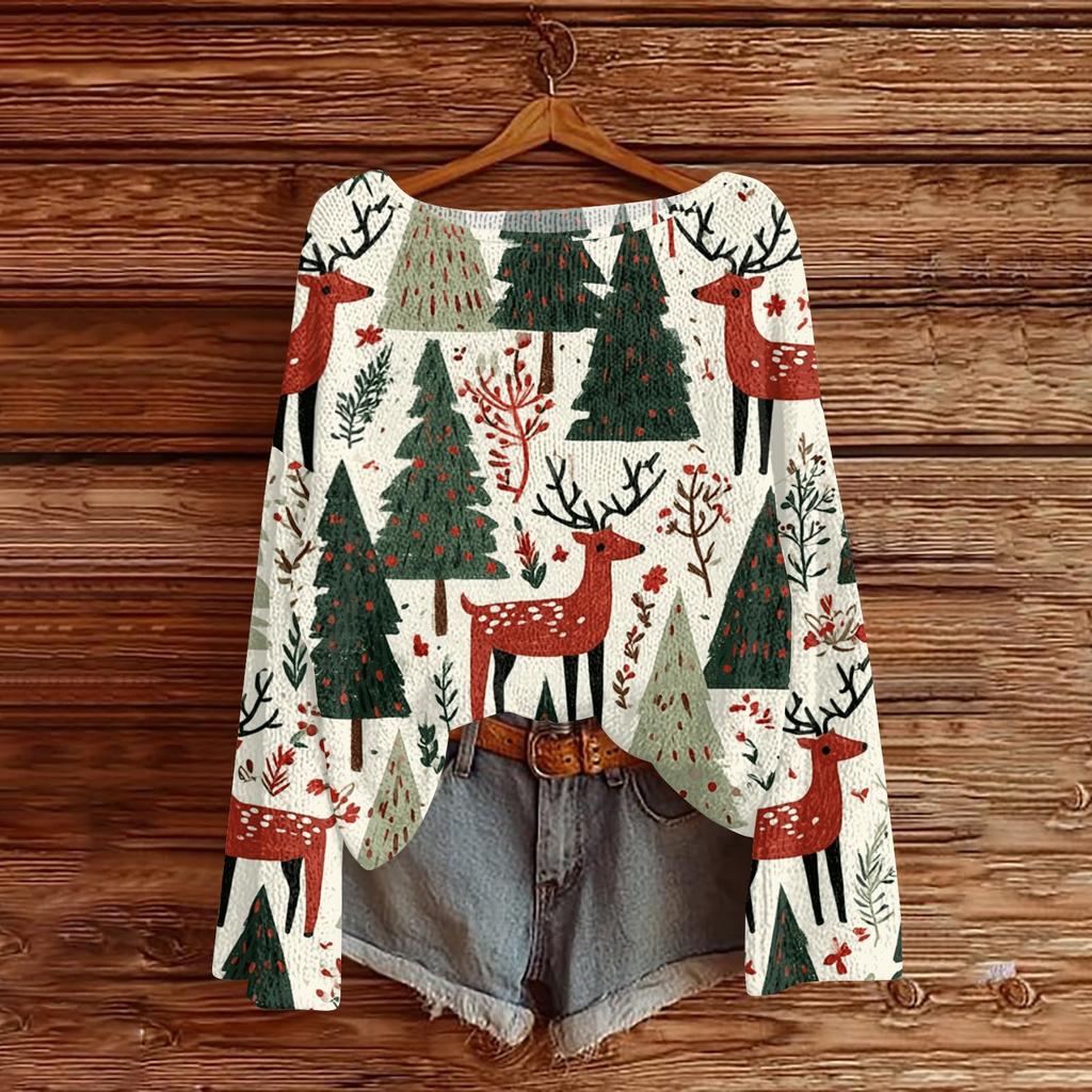 Women's Christmas Print Lightweight Sweater, Casual Long Sleeve Knit Pullover for Holiday