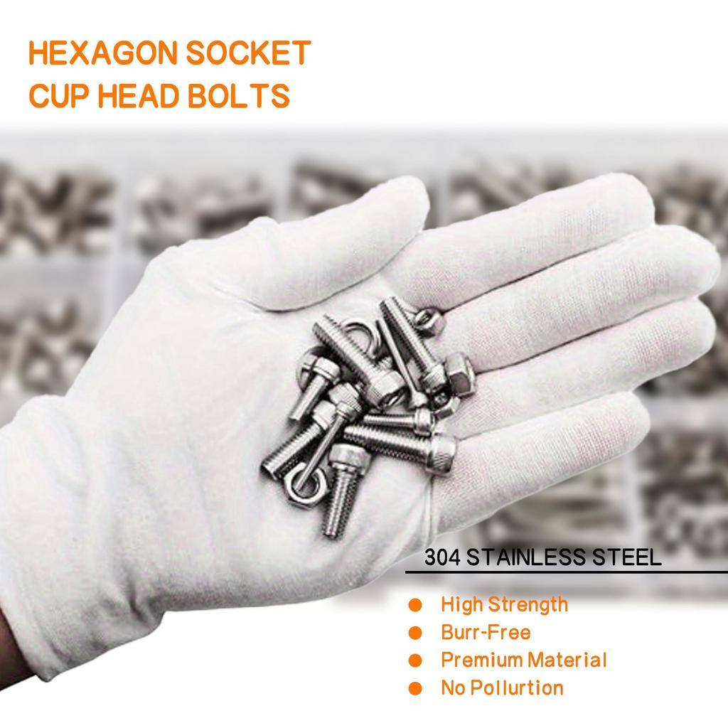 Stainless Steel Internal Hex Screws, Multi-Spec Nut and Bolt Set, M4/M5/M6 Internal Hex Screws, Suitable for Shelf Fixing