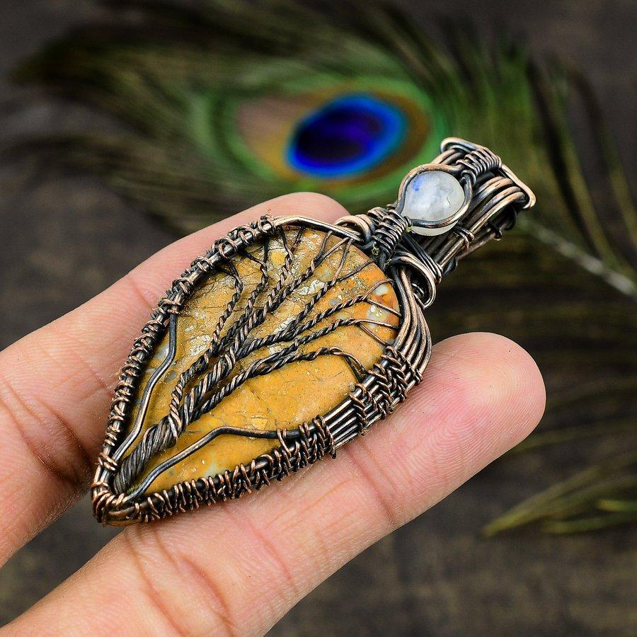 Malinga Jasper, Moonstone Gemstone Copper Wire Wrap Jewelry Pendant 2.88"