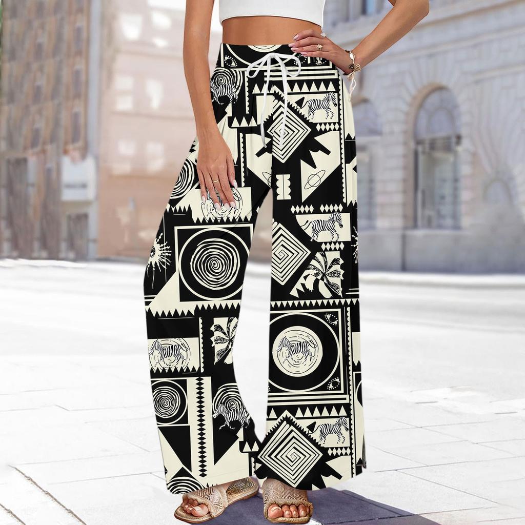 Womens Pants Wide Leg Pants With Pockets Casual Trousers Printed  Elastic Waist Sweatpants