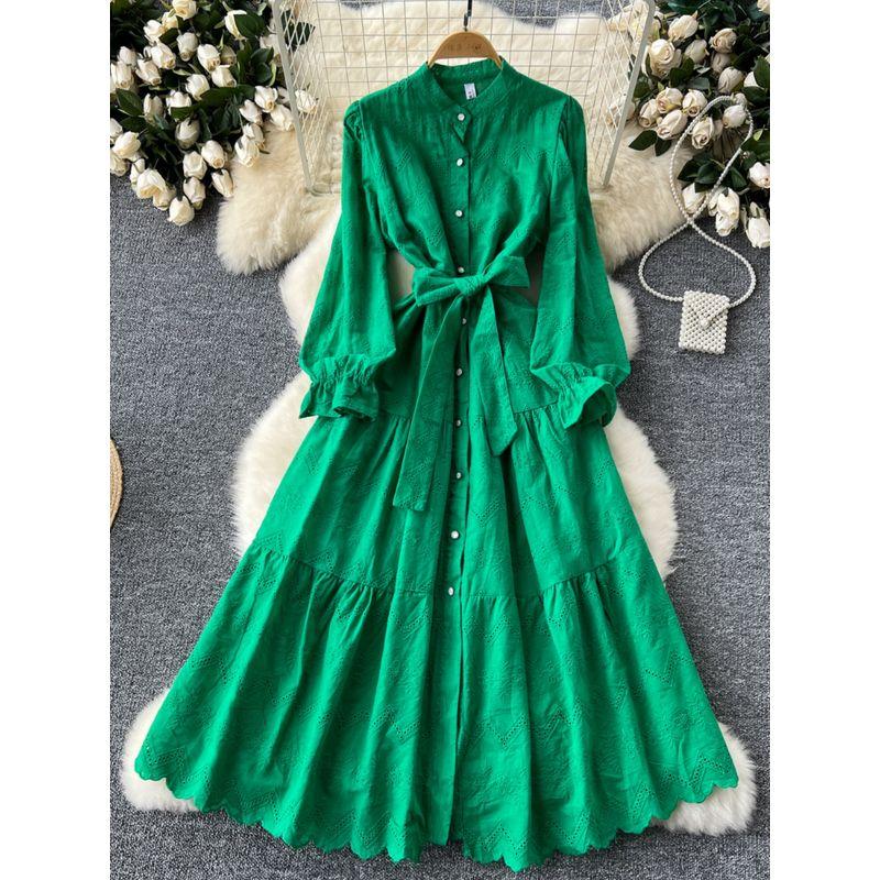 French Style Retro Stand Collar Single-Breasted Long Sleeve Waist-Tight Dress Women's Sweet Machine Embroidery Crocheted Long Vacation Skirt