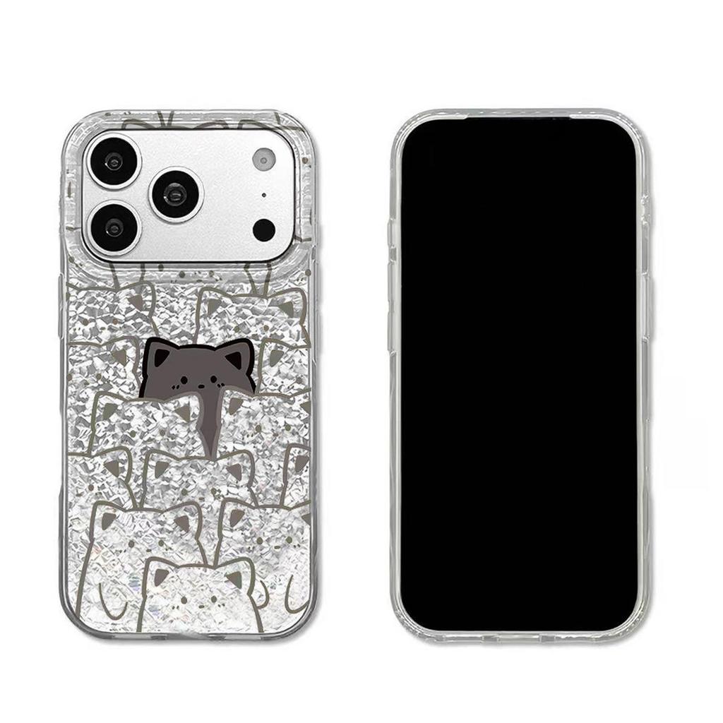 Case for iphone XS Max 16 Plus 17 Pro 14 15 11 18 Pro Max 13 Air 12 XR Silver Glitter Crackle Background Cat Hidden Patterns