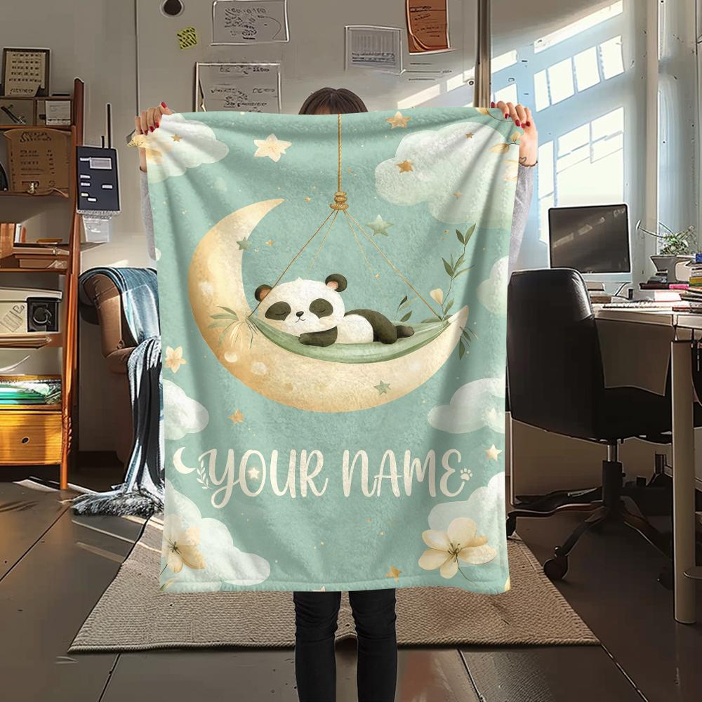 1PC Custom Name Panda Love Heart Theme Patterned Flannel Blanket Suitable For All Seasons for Home Decor Warmth and Comfort Gifts Holiday Present_lx