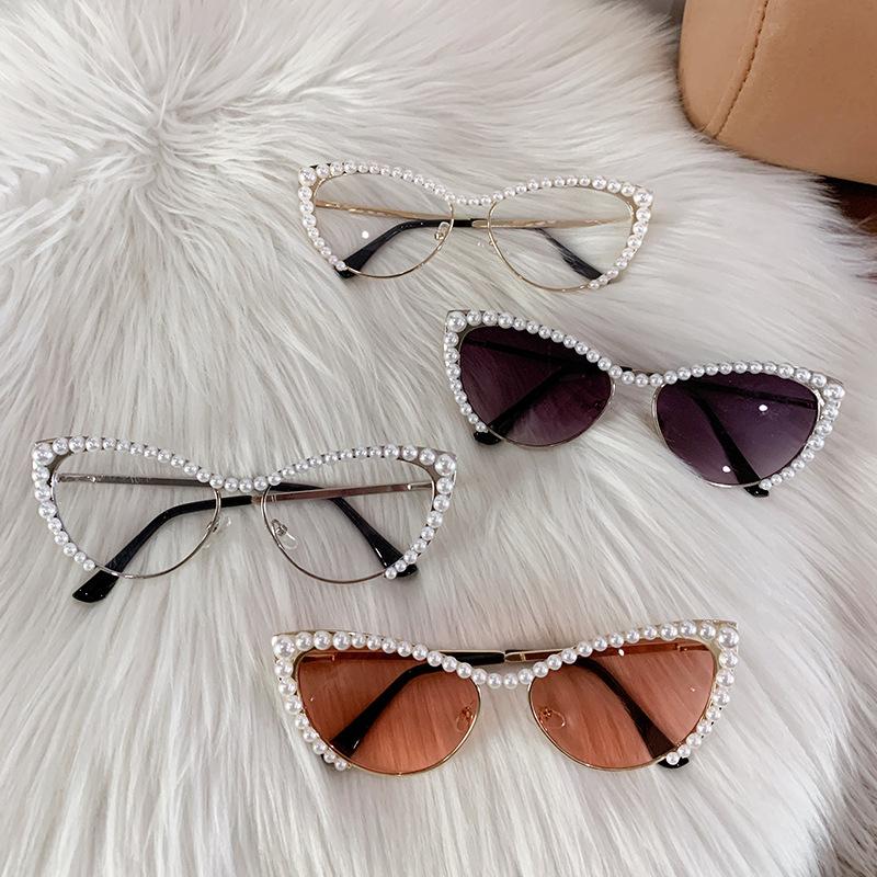 Diamond-Set Pearl Cat'S Eye Large Frame Sunglasses Women'S Metal Frame Sunglasses Glasses