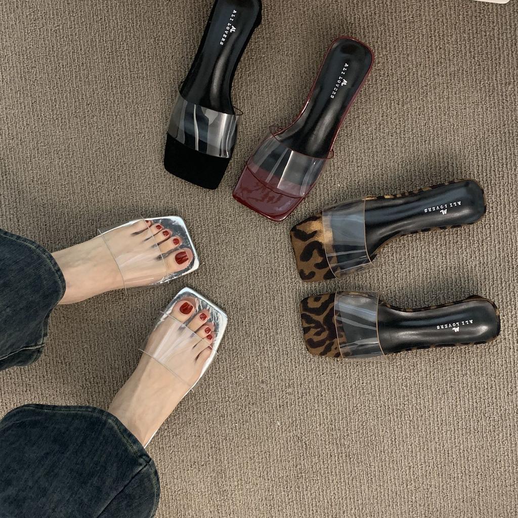 French Burgundy Transparent Belt Thick Heel Temperament One-word Slippers Fashion Middle Heel Sandals Travel Exquisite Sandals