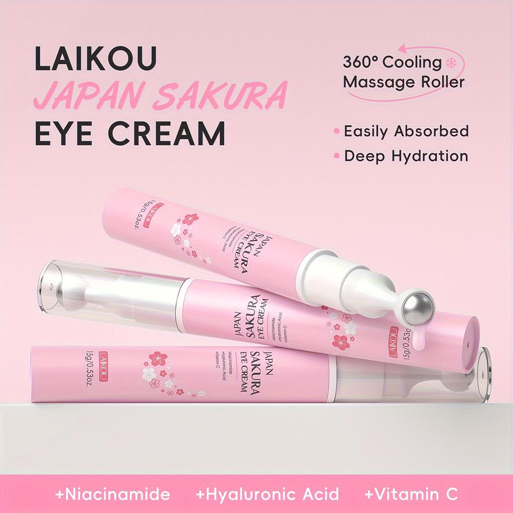 LAIKOU Sakura Eye Cream - Smoothing Eye Roller with Vitamin C, Niacinamide & Hyaluronic Acid, Cherry Blossom Scent, Moisturizing &, Eye Care