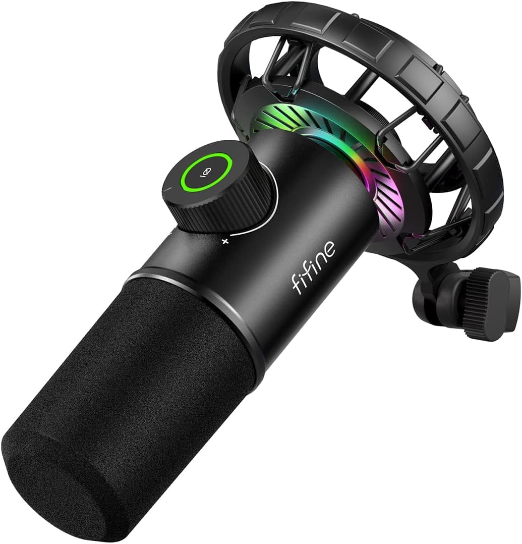 

FIFINE USB Dynamic Microphone, PC Microphone, PlayStation Microphone, Unidirectional, with Earphone Output, Gaming RGB Lighting, One-Touch Mute, for Y