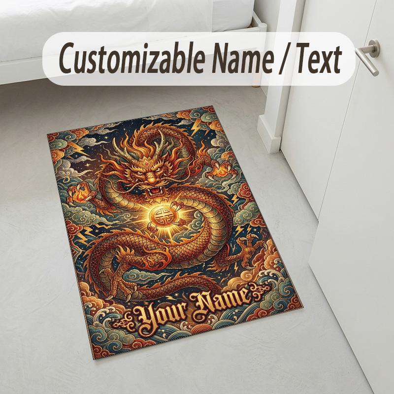Dragon Phoenix Theme Crystal Velvet Rug Personalized Custom Name Text Soft Floor Mat Home Decor