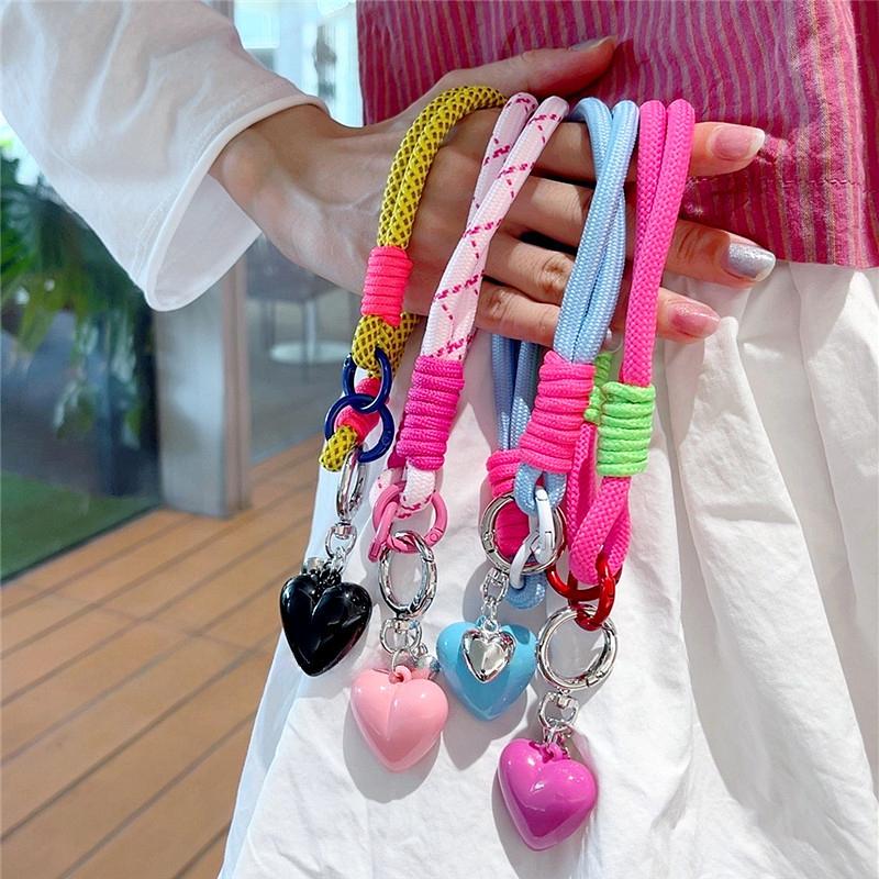 Korean Cute 3D Heart Pendant Braided Rope Phone Chain Charm Strap Cord Keychain For iPhone 16 Lanyards Bag CCD Girl Hanging Rope