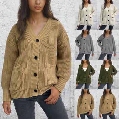 Women's Fashion Solid Color Knitted Pocket Cardigan Button Coat Sweater