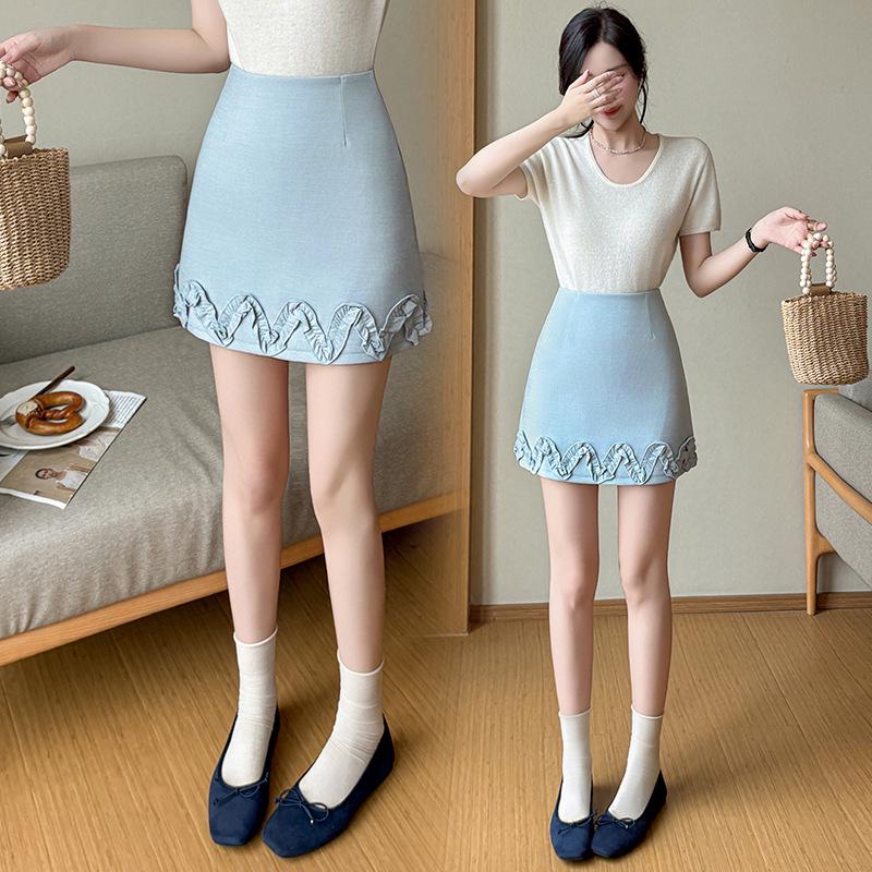 

Women s Spring/Summer 2026 Stylish High-Waisted A-line Skirt with Ruffle Edge and Anti-Exposure Shorts Extra Large синій