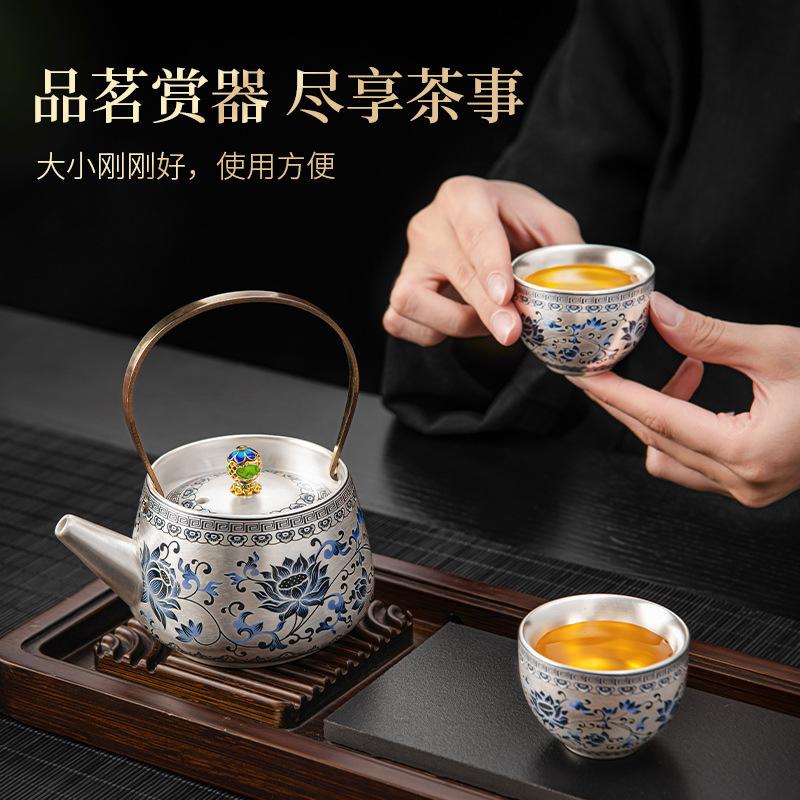 New Chinese-Style Silver Blue And White Twisted Branches Lotus Lifting Beam Pot Tea Set Large-Capacity Brewing Teapot Light Luxury Tea Set