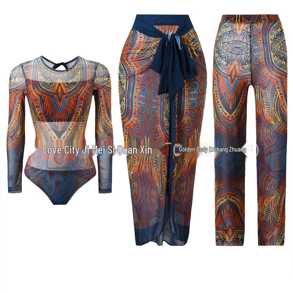 Women's Three-Piece Sun Protection Swimsuit Set with Mesh Pants