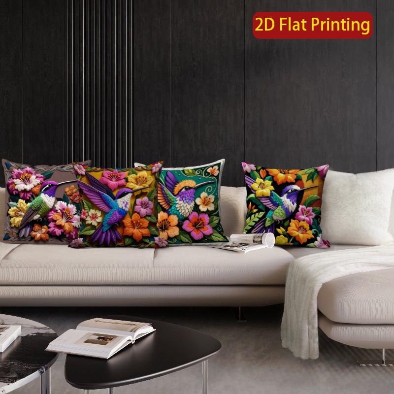 2D Hummingbird Floral Print Decorative Pillow Covers Pattern Cushion Cover Suitable For Sofa Bedroom Car Pillow Cover