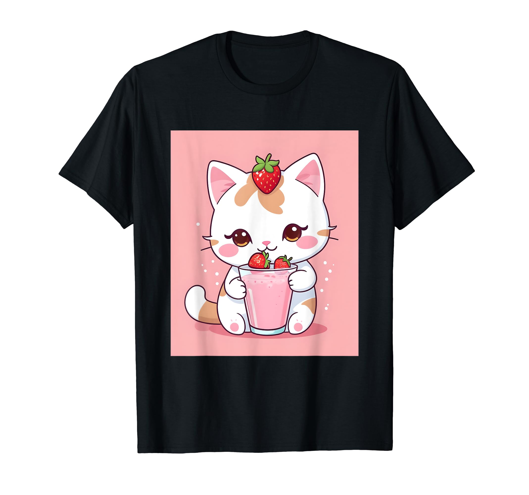 

strawberry things printed Kawaii, cat, milk, cute, Japanese, T-shirt чорний