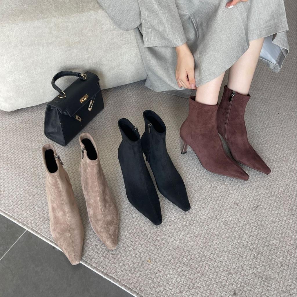 Autumn pointed brown thin boots elastic short boots hour pack women's suede ankle boots Korean high heel