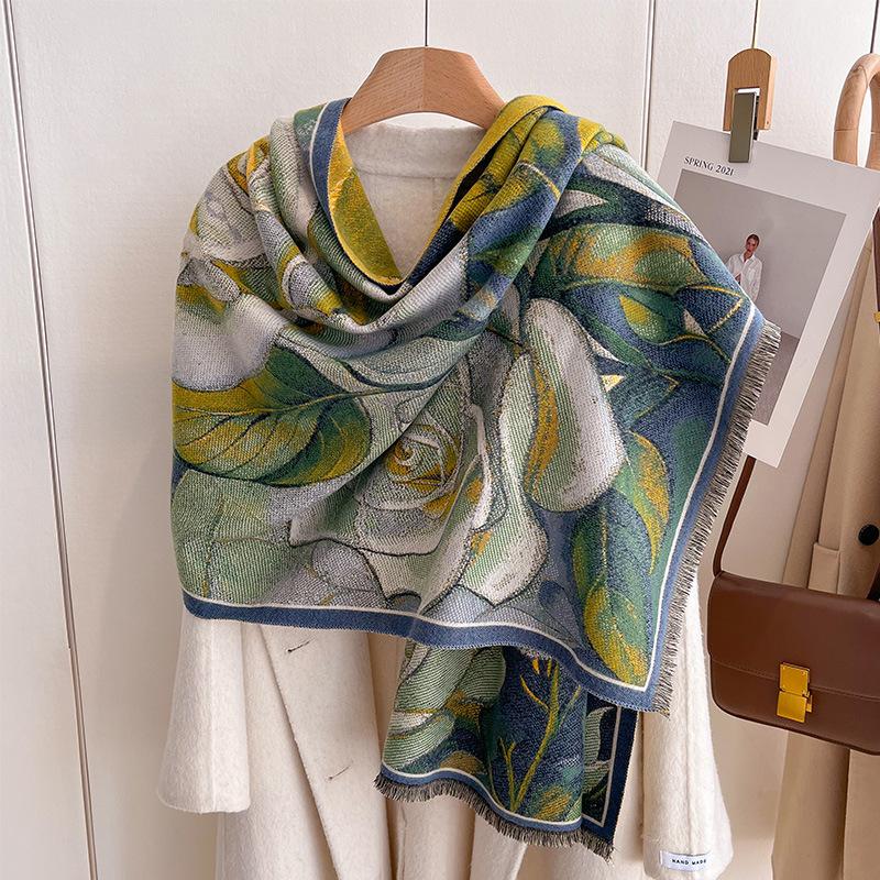 Autumn And Winter National Style Plants And Flowers Landscape Painting Elegant Women Warm Scarf Fashion Retro Shawl