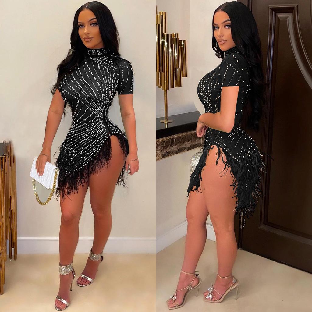 Damen Sexy Mesh Perlen Quasten Kurzes Kleid