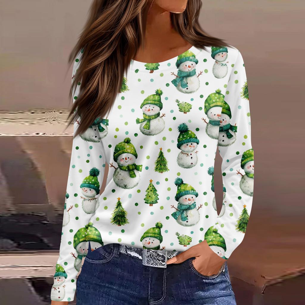 Women's Fashion Hem Slit Casual Christmas Printed Round Neck Long Sleeve Top