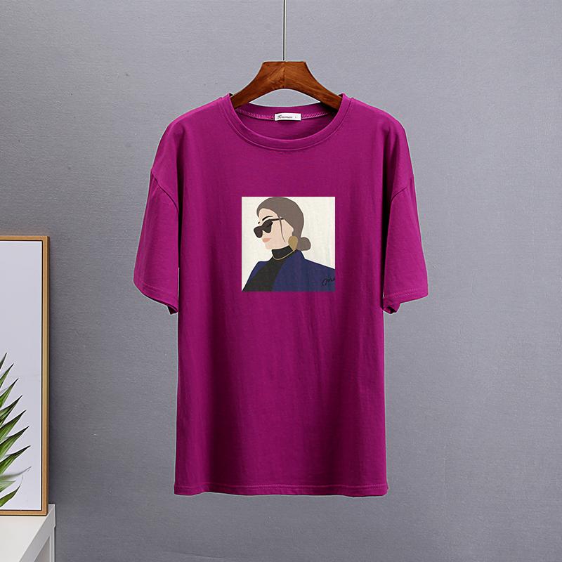 Hirsionsan Elegant Character Printed T Shirt Women Summer Chic Casual Tees Cotton Jumper Clothes Oversized Pullover Female Tops