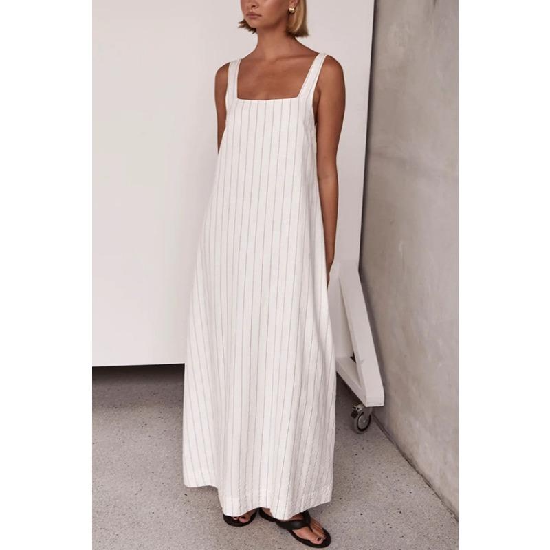 

YYFS Женская мода лето весна полосатый принт без рукавов подтяжки свободная талия повседневные платья XXL белый