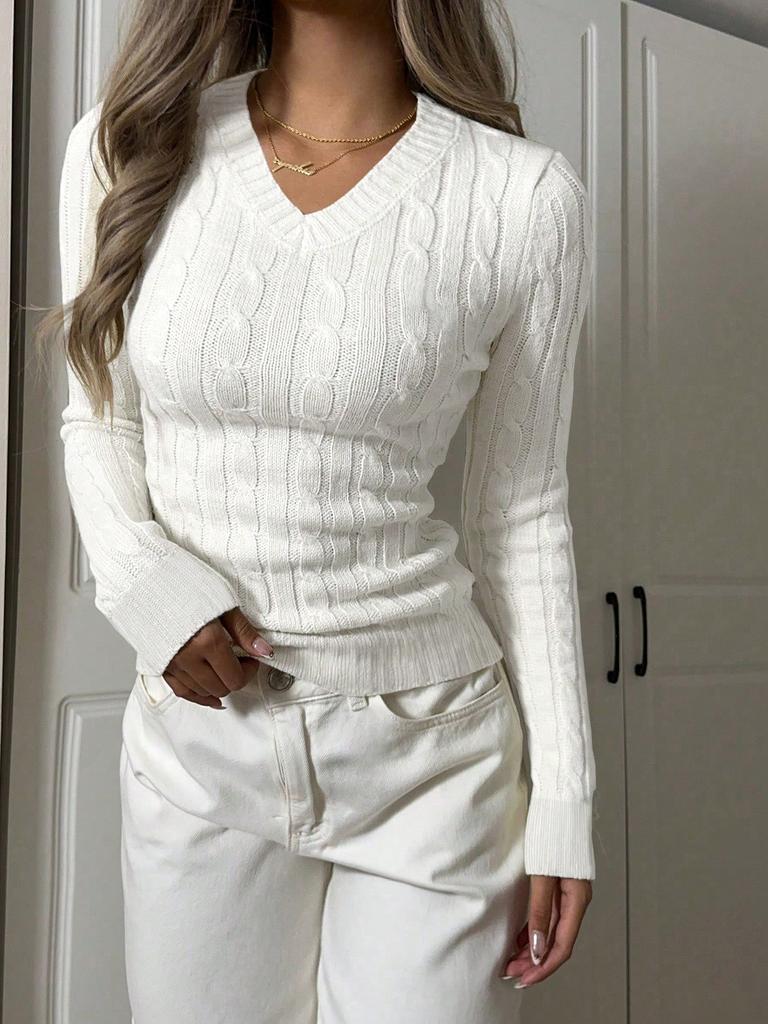 Rose Beauty A Damen Frühling Casual V-Ausschnitt Langarm Slim Fit Tailliert Kurz Zopfmuster Pullover Basic Pullover Top