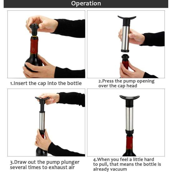 Vacuum Wine with Saver Pump 4 Stoppers Bottle Sealer Preserver Stainless Steel Wine