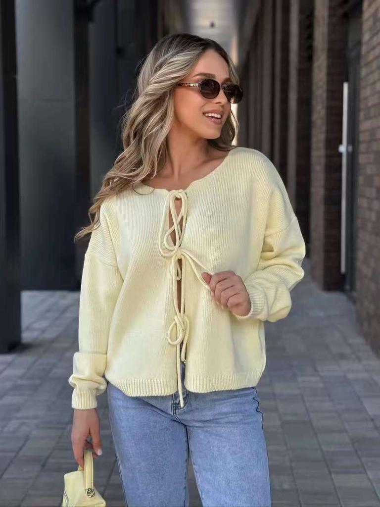 Women Tie Front Knit Cardigan Long Sleeve Crew Neck Sweater Casual Autumn Winter Top Lace-up Sweet Elegant Sweaters Jackets