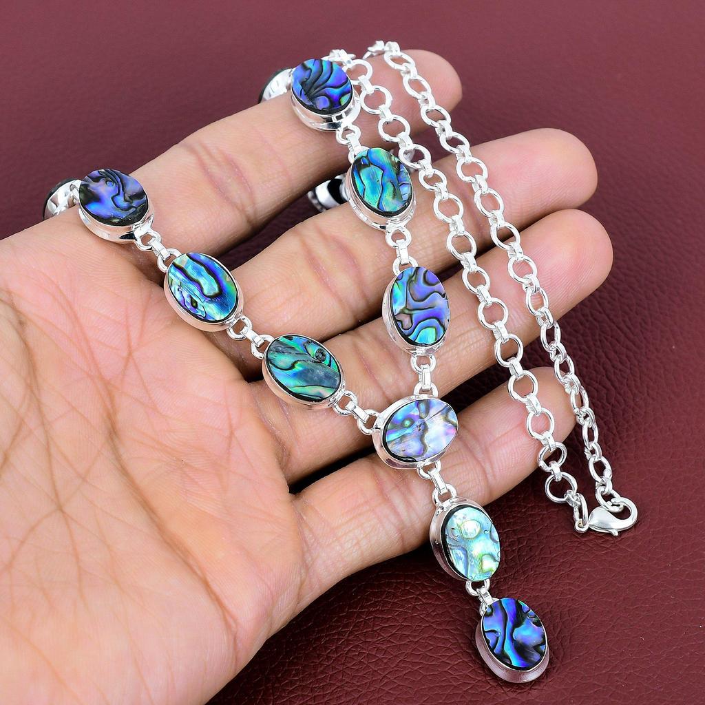 Abalone Shell Necklace Natural Gemstone Necklace 925 Sterling Silver Necklace Handmade Boho Jewelry Adjustable Chain Necklace Gifts for Wife