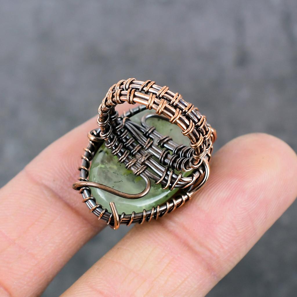 Natural Prehnite Gemstone Copper Wire Wrap Gift Jewelry Ring Size 6.5 ET-3447