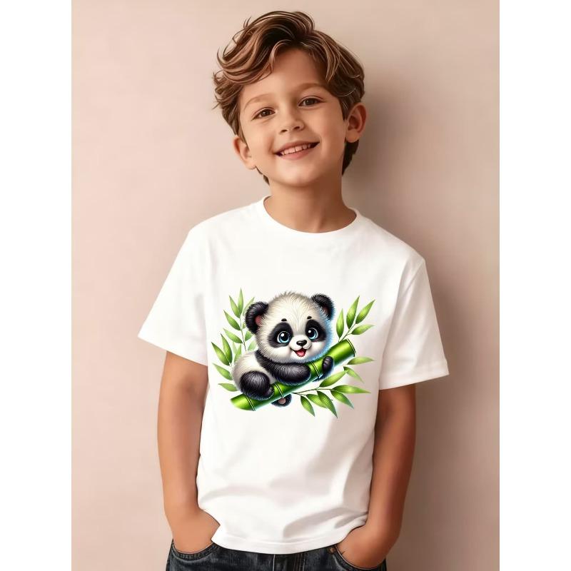 European Sizes Panda Series" Summer Boys' Fashion Short-Sleeve T-Shirt "Little Panda On Bamboo Rayon Pole" Cartoon Print Outdoor Casual Top